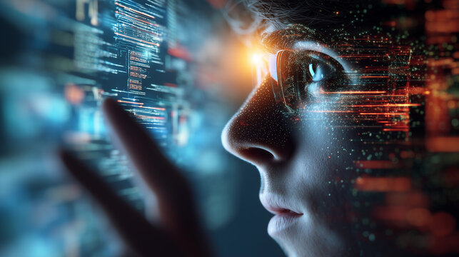 Man with smart glasses and digital data explosion, AI vision, augmented reality, futuristic technology