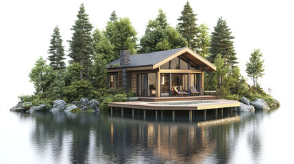 Obraz premium serene vacation home surrounded by lush trees and water, perfect for relaxation