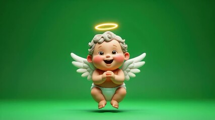 Cartoon baby angel with curly hair and halo sitting on green background