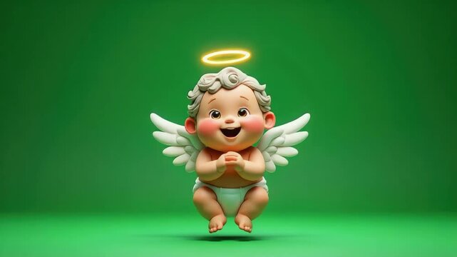 Cartoon baby angel with curly hair and halo sitting on green background