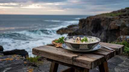 A bowl of hot clam chowder steams by the sea