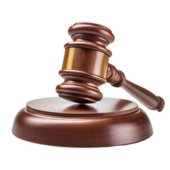 Wooden gavel on a round sound block symbolizing justice, law, and legal proceedings in a courtroom setting. on transparent background