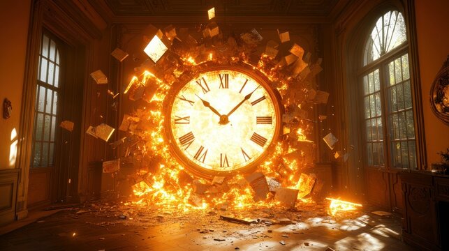 Exploding Clock in Elegant Room, Fire, Destruction