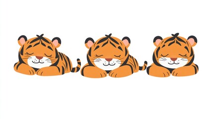 Three cute tiger cubs sleeping peacefully,  illustration, white background, children's book