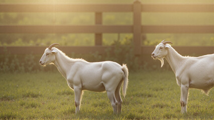 Obraz premium Two white goats standing in field at golden hour