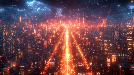 Obraz premium Abstract cityscape with glowing lights and futuristic design in blue and orange tones.