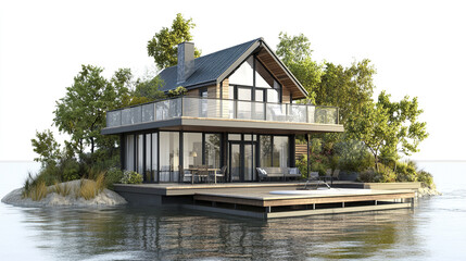 Obraz premium Modern vacation home with large windows and deck surrounded by water and greenery