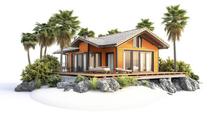 beautiful vacation home surrounded by palm trees and lush greenery, perfect for relaxation