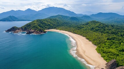 Fototapeta premium Aerial shot of a long, curving beach embraced by lush tropical forest