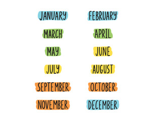 hand drawn badges 12 months colorful labels. Doodle lettering 12 months word set