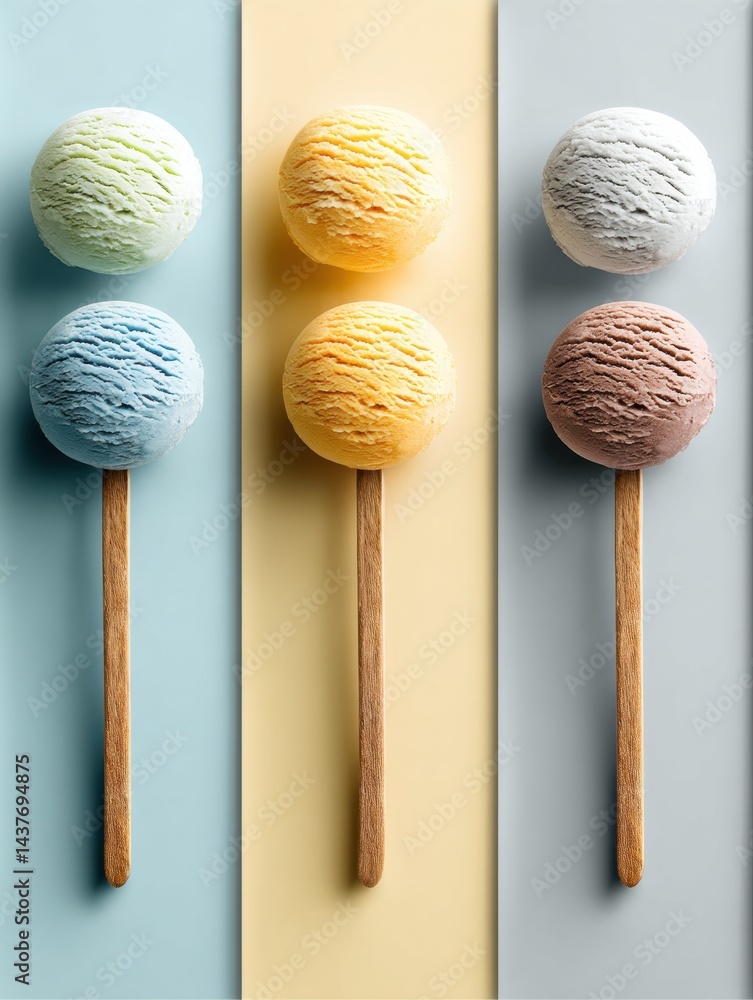 Poster sculpted ice cream scoops arranged symmetrically with clean, minimal colors in a modern layout