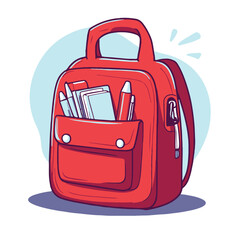 A cartoon school bag icon in red colour