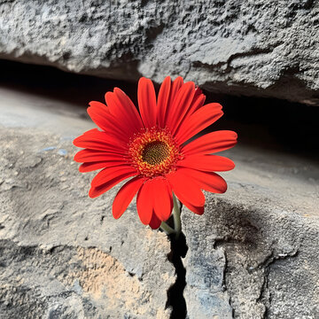 A red flower is growing out of a crack in a brick wall