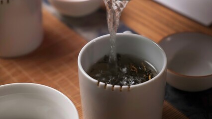The Elegant Tea Brewing Process Involves Pouring Hot Water for Optimal Flavor Extraction. Media