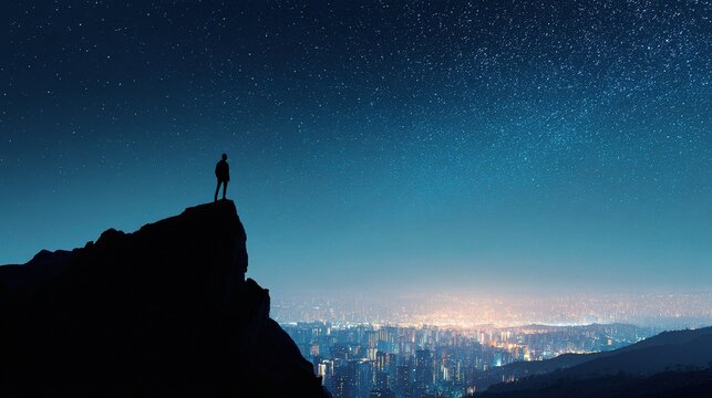 Silhouette of Man on Mountain Under Starlit Sky with City Below