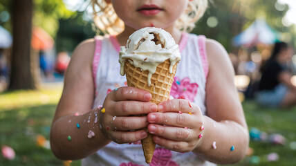 Kid’s hands get sticky from melting ice cream