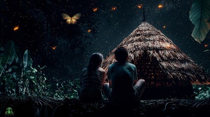 Fototapeta premium Couple watching fireflies, night hut