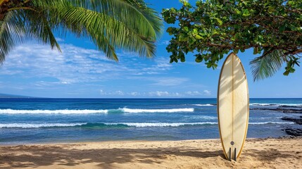 A surfboard propped up against a tropical tree with blue sky and ocean in the background