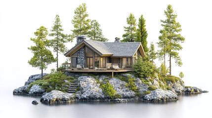 serene vacation home surrounded by trees on rocky island, perfect for relaxation