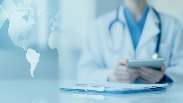 Blurred medical  background with doctor with tablet on medical blue background with world map and copy space. International Medical services and consultations, insurance, healthcare. Copy space.