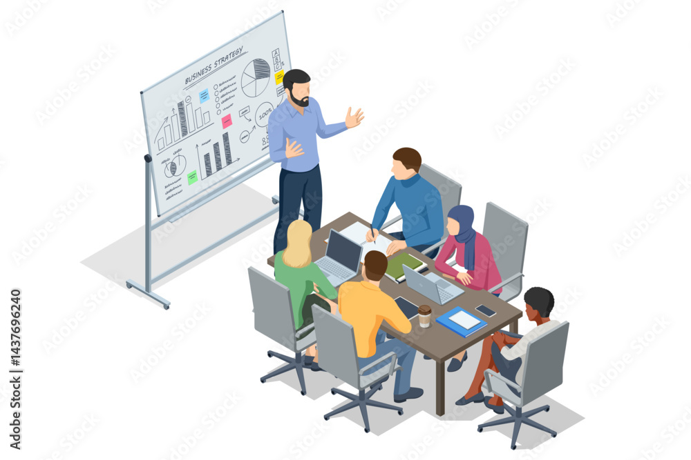Aufkleber isometric scene of people analyzing business charts and graphs on a flipchart during a strategy disc