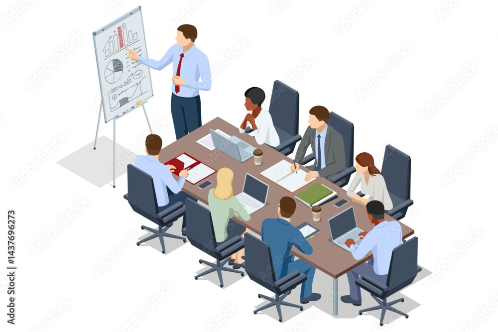 Aufkleber isometric scene of people analyzing business charts and graphs on a flipchart during a strategy disc
