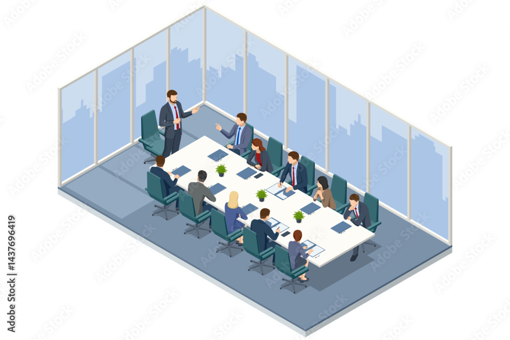 Aufkleber isometric scene of people analyzing business charts and graphs on a flipchart during a strategy disc