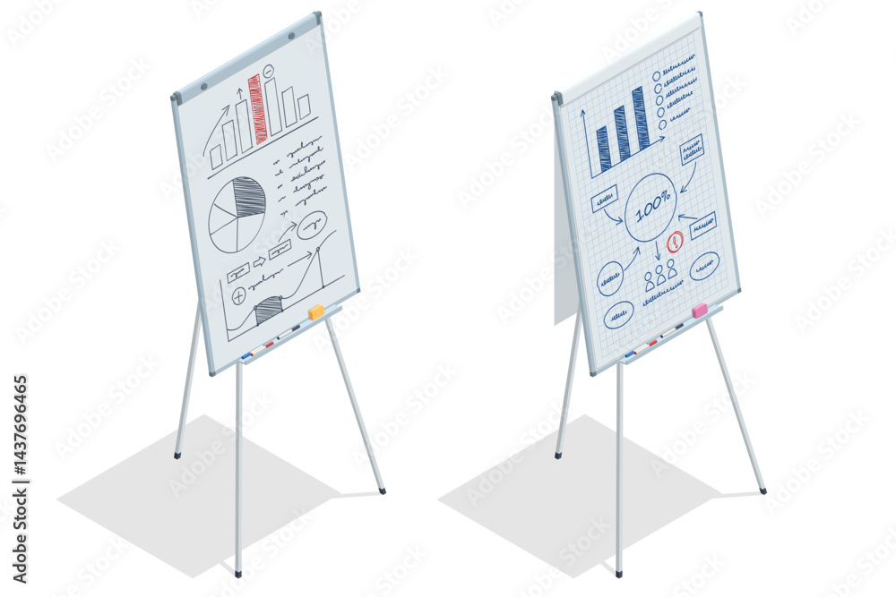 Poster flipchart with business profit graphs and analytics. isometric flipchart with hand-drawn profit grap
