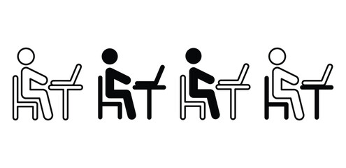 Simple Black and White Icons of People Working on Laptops at Desks Vector Design Illustration