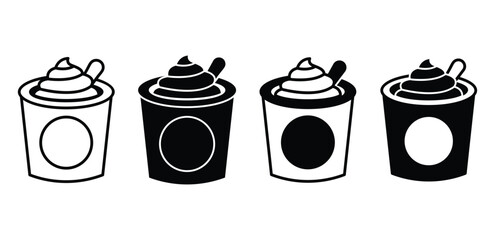 Yogurt Icon Black and White Illustrations of Cups with Whipped Cream and Spoons Vector Design