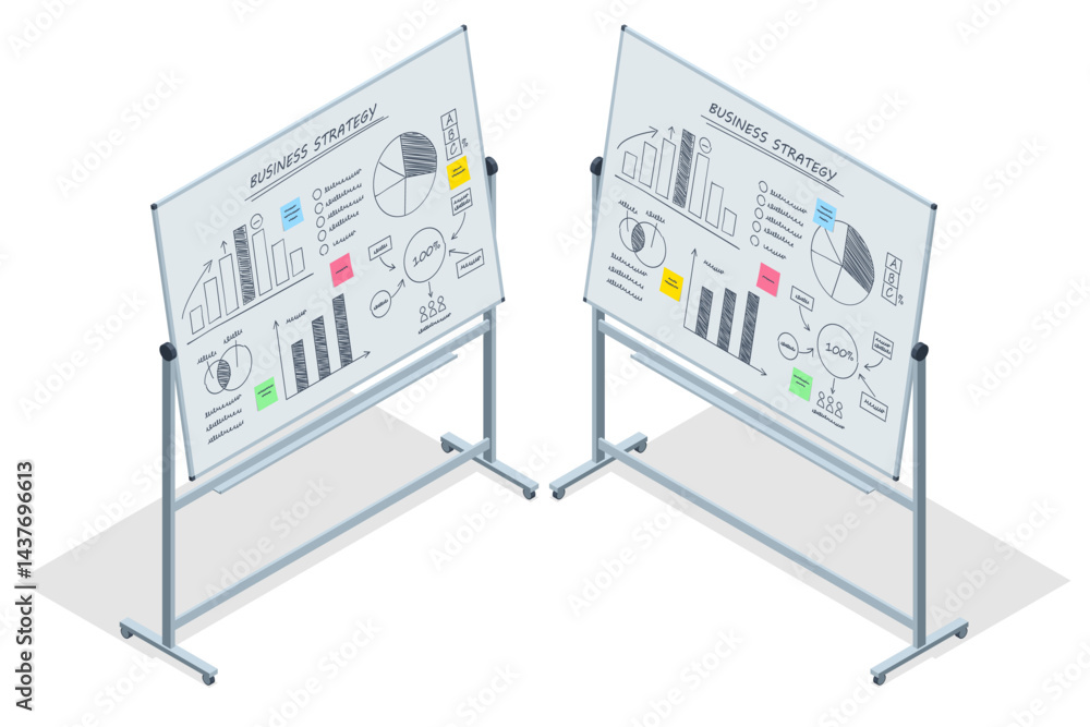 Poster isometric vector of two flipcharts showing detailed business strategy and analytics diagrams with co