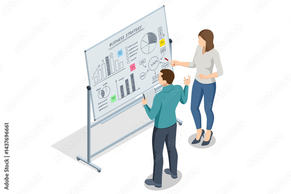 Aufkleber isometric scene of two people analyzing business charts and graphs on a flipchart during a strategy 