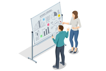 Isometric scene of two people analyzing business charts and graphs on a flipchart during a strategy discussion. Flipchart with Business Profit Graphs and Analytics