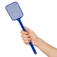 Hand Holding Blue Fly Swatter on Neutral Background – Pest Control Concept with Copy Space