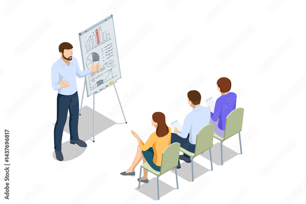 Aufkleber isometric scene of people analyzing business charts and graphs on a flipchart during a strategy disc