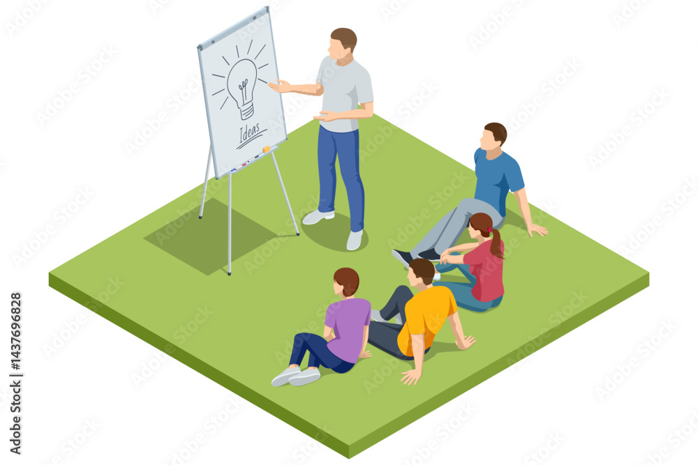 Aufkleber isometric scene of people analyzing business charts and graphs on a flipchart during a strategy disc