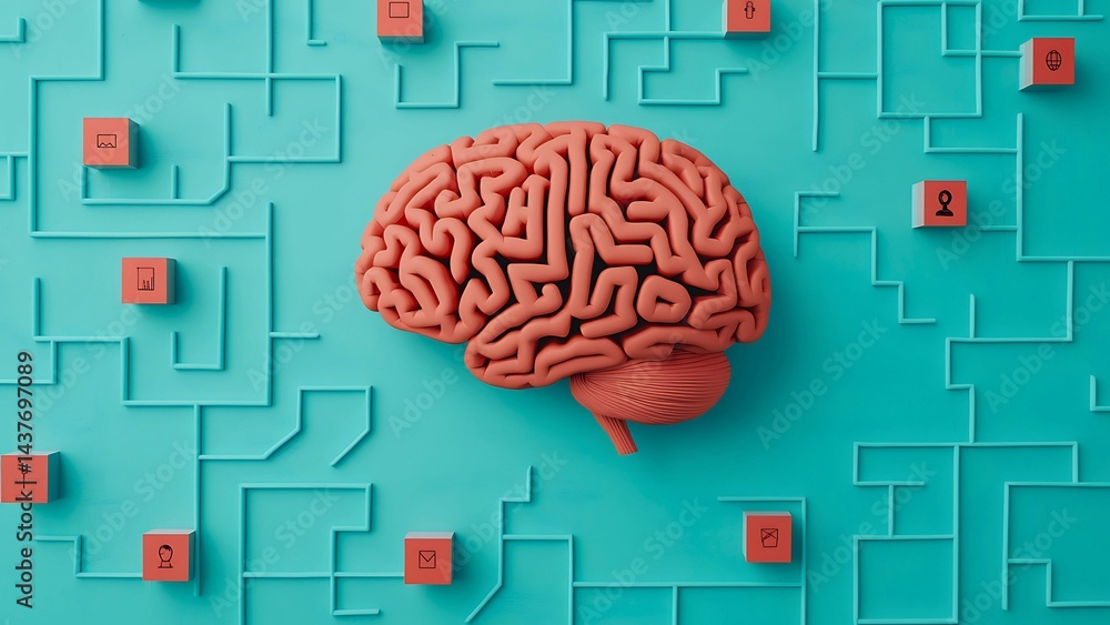 Poster a 3d rendered image of a brain surrounded by data blocks, illustrating concepts of artificial intell