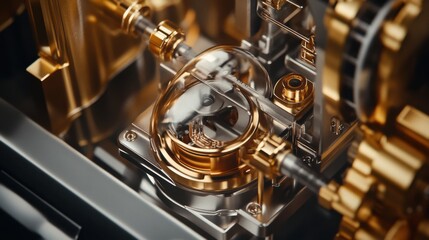 Obraz premium Intricate Close-Up of Golden Mechanical Components Inside a Precision Engine Design
