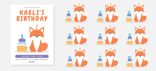 Greeting and invitation card for kids Birthday party. Cute baby fox, cake with numbers in flat childrens style. Vector illustration, design for card, poster