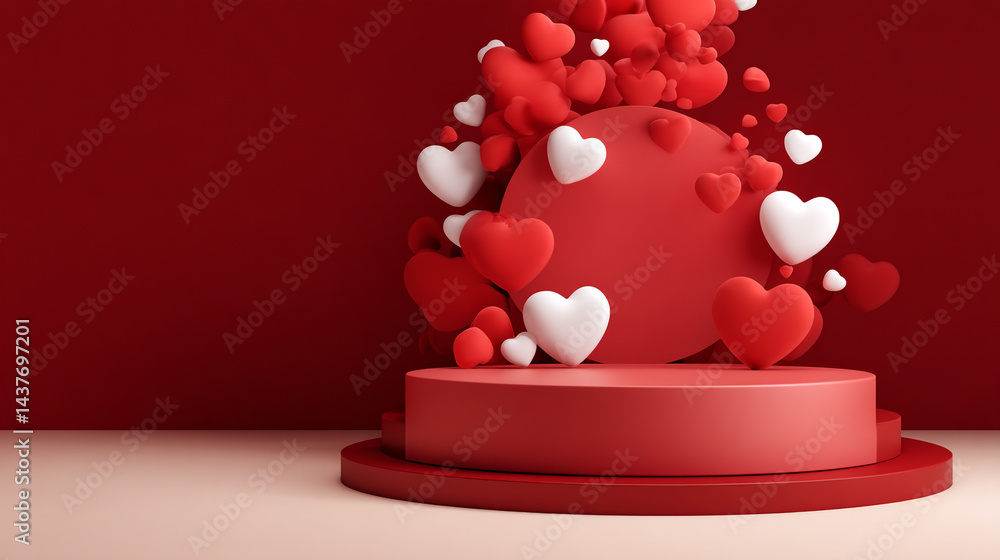 Poster bokeh hearts on red background, love background red heart shapes texture pattern