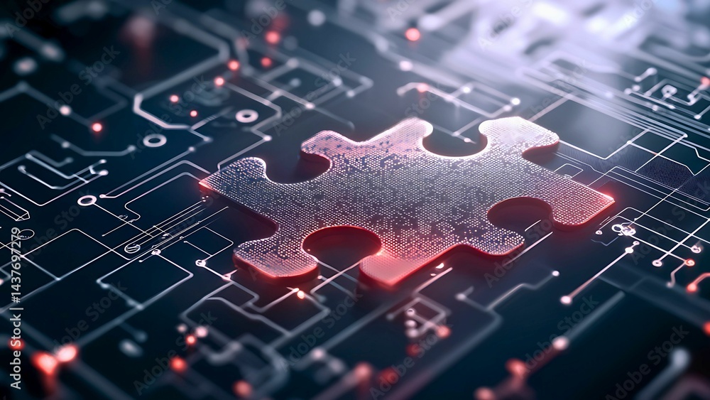 Poster a glowing puzzle piece integrated within a complex circuit board, symbolizing the final solution