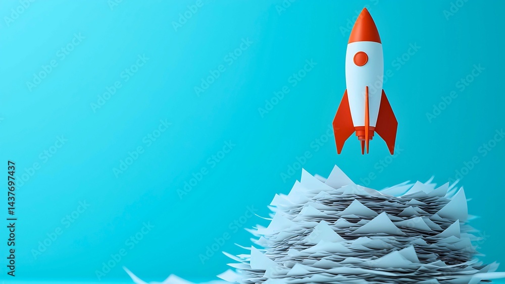 Poster a rocket launches from a stack of paper. a visual representation of starting and success