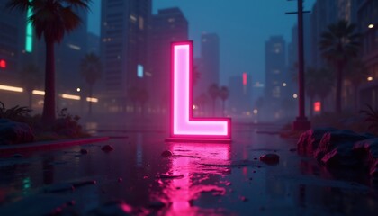 Obraz premium Neon Letter L In A Rainy Cityscape Glowing At Night