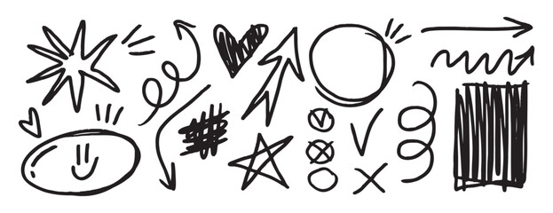 doodle set hand drawn black marker messy lines. Grunge thin lines design elements