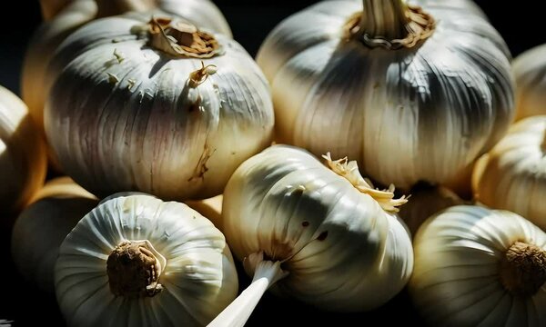 A close-up of multiple bulbs of garlic in a pile, with a bright white hue.
