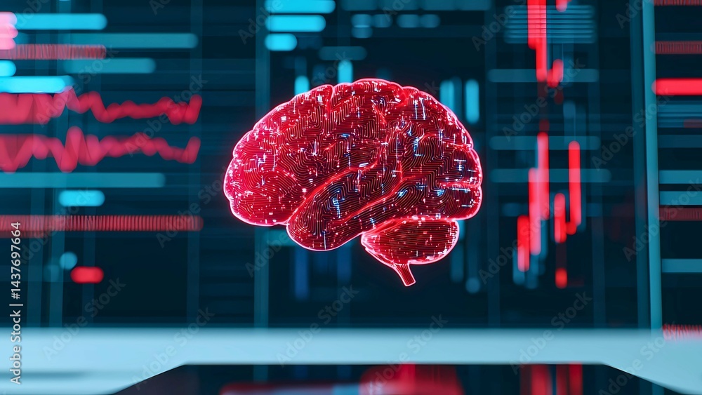Poster a vivid digital rendering of a human brain, with glowing red highlights, set against a futuristic ba