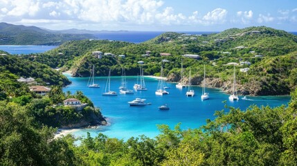 Fototapeta premium Elegant marina with polished yachts against a deep blue ocean backdrop