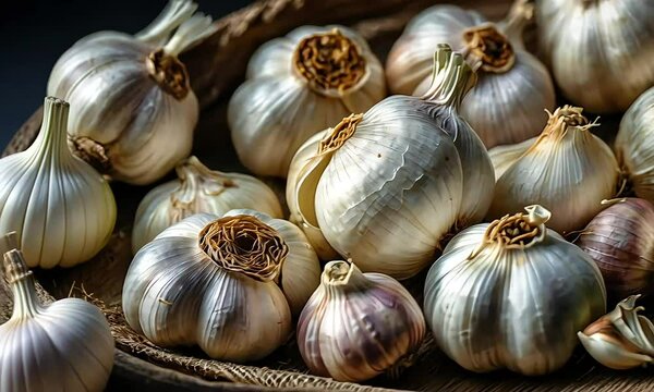 A close-up of a pile of fresh garlic bulbs, ready for cooking.