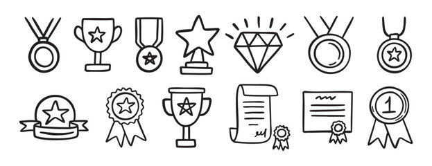 medal honor award related doodle hand drawn icon set. Outline drawing winner line clipart symbol collection