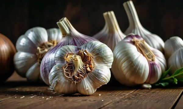 Close up view of garlic cloves on a wooden table with dark background